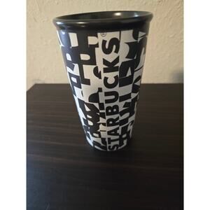 2014 Starbucks Black & White Letters Dot Collection Ceramic Travel Tumbler.